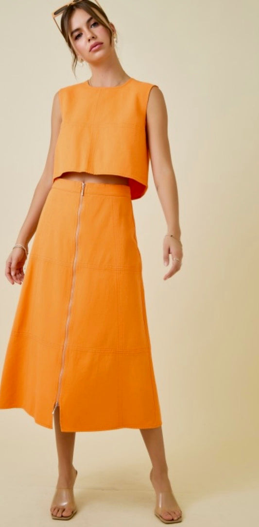 Denim crop top & zippered skirt set with stitch detail : ORANGE