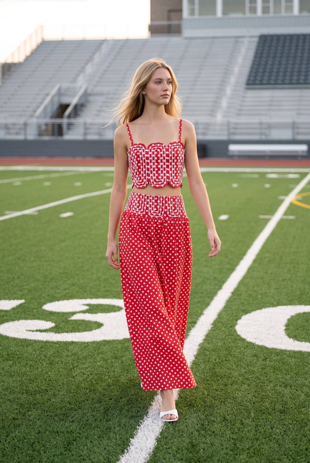 Trim Appliqué Crop Top And Polka Dot Maxi Skirt Set: RED : WHITE