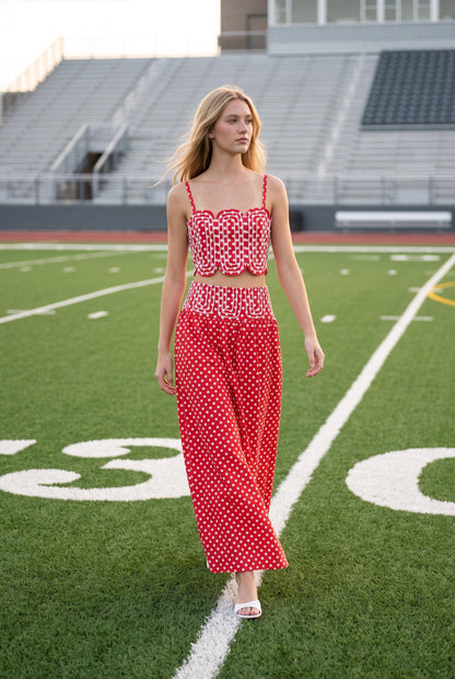 Trim Appliqué Crop Top And Polka Dot Maxi Skirt Set: RED : WHITE