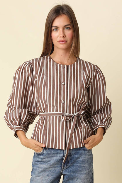 PREORDER:  Mabel Striped Belted Peplum Blouse: BROWN STRIPE