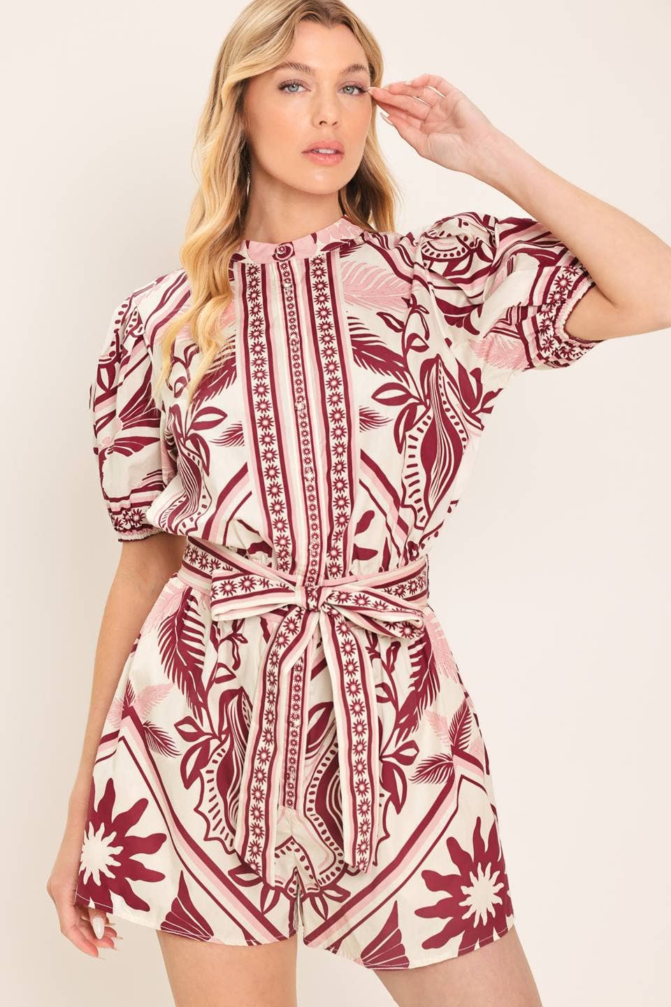 PREORDER - A printed woven romper : Burgundy