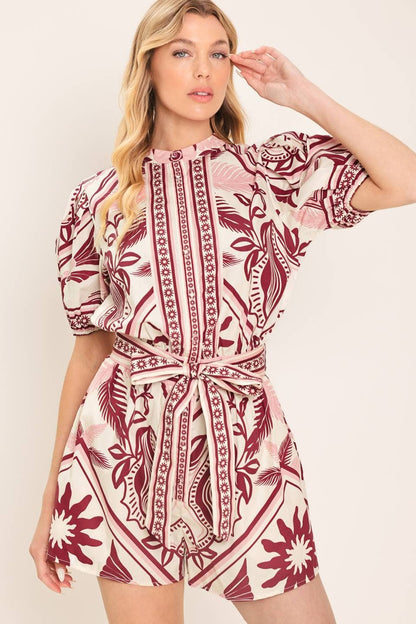 PREORDER - A printed woven romper : Burgundy