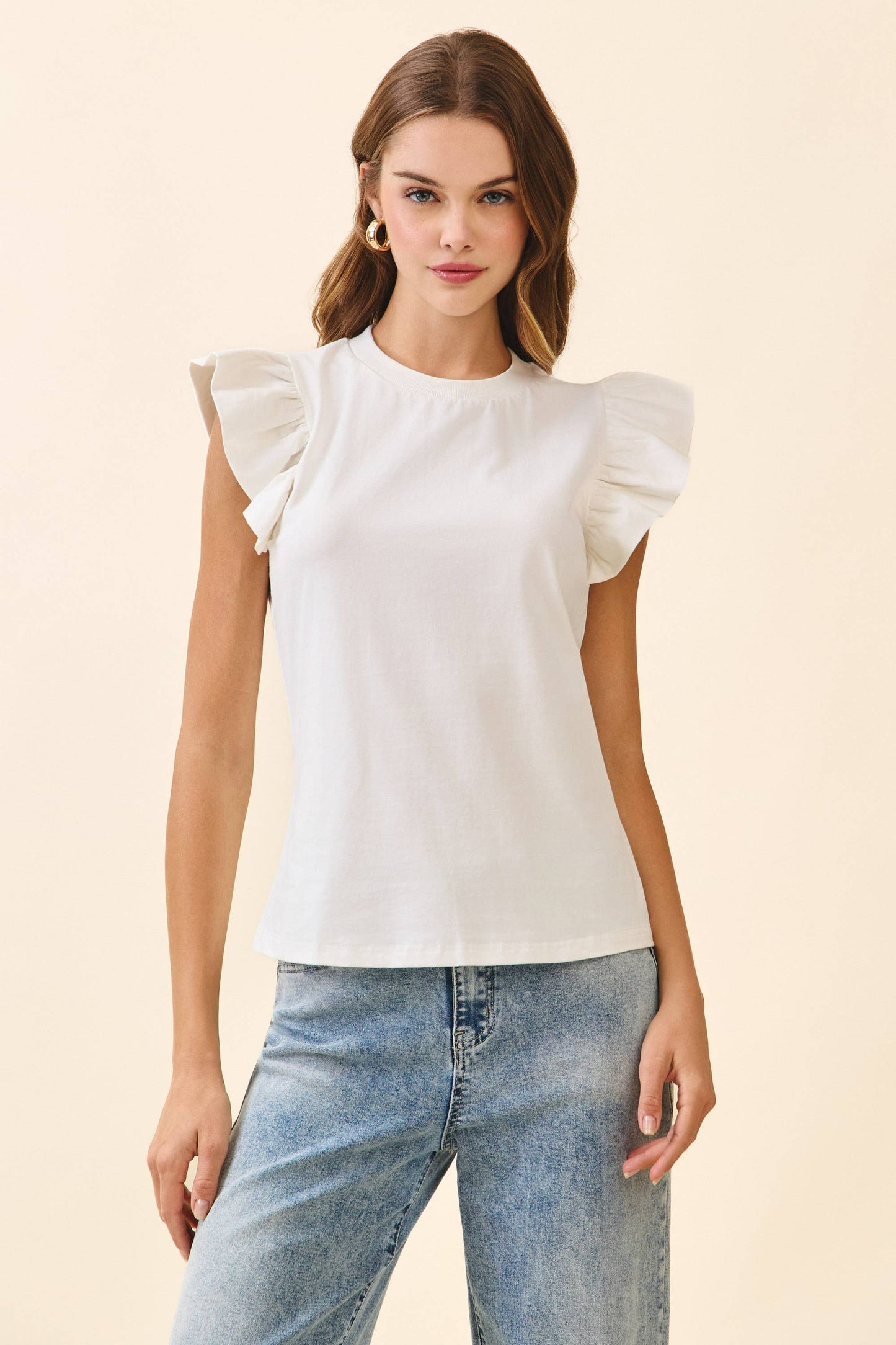 TCEC - Ruffled Flutter Sleeves Round Neck Sleeveless Top / WHITE