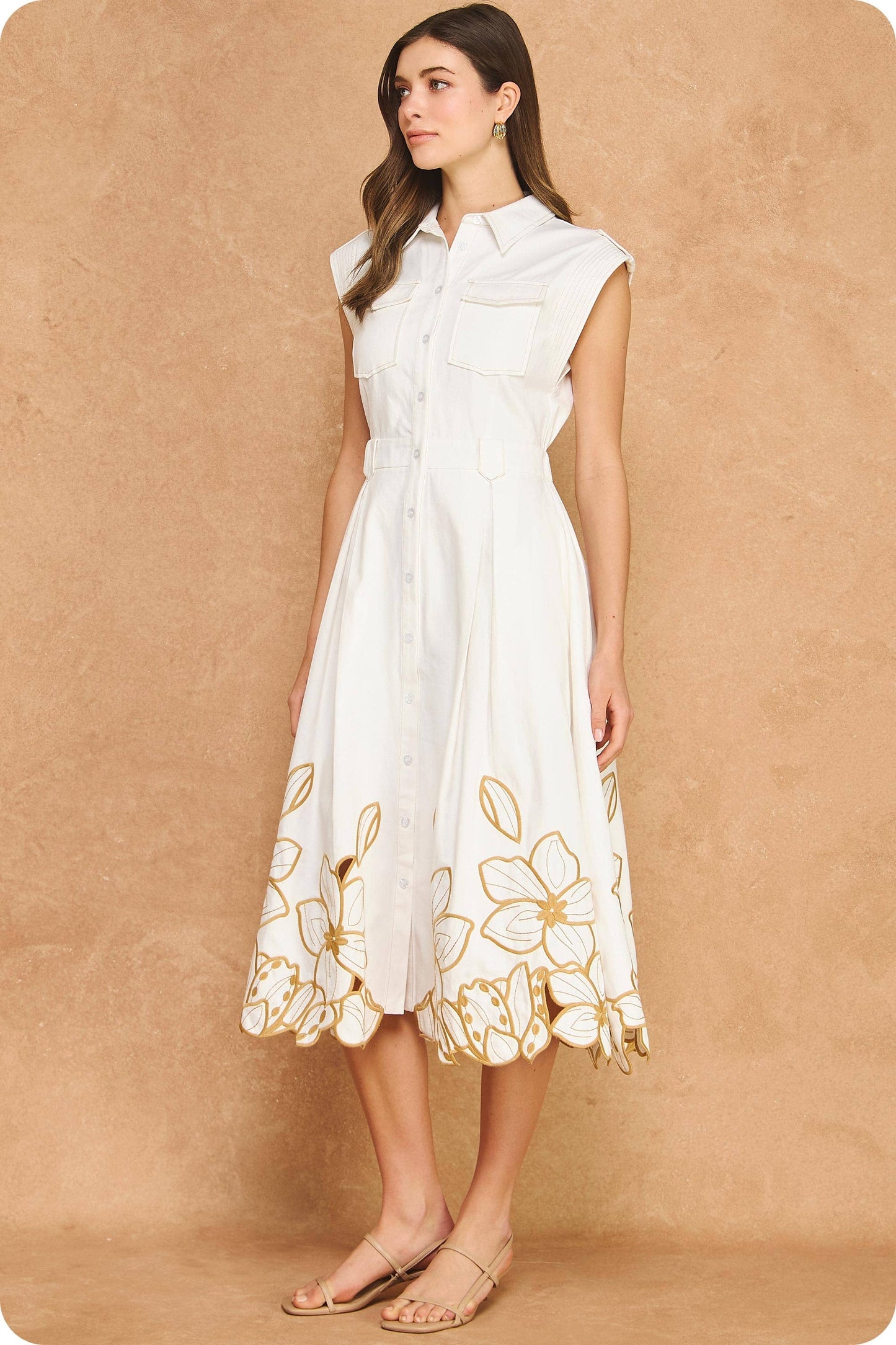 Floral Cut-Out Embroidery Twill Midi Shirt Dress