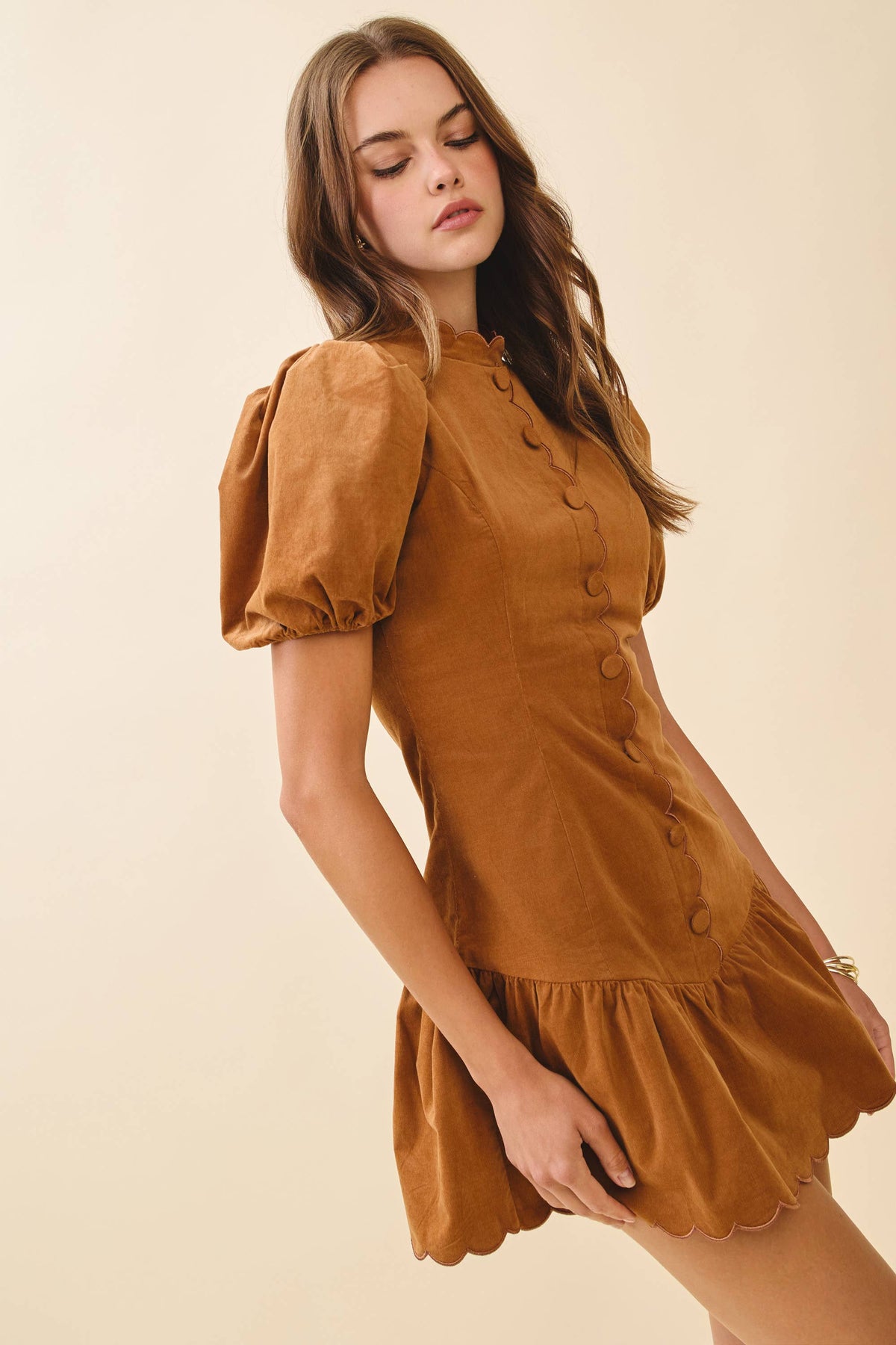 TCEC Scalloped Detail Fitted Bodice Ruffle Hem Dress
