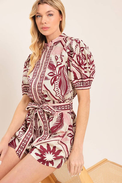 PREORDER - A printed woven romper : Burgundy