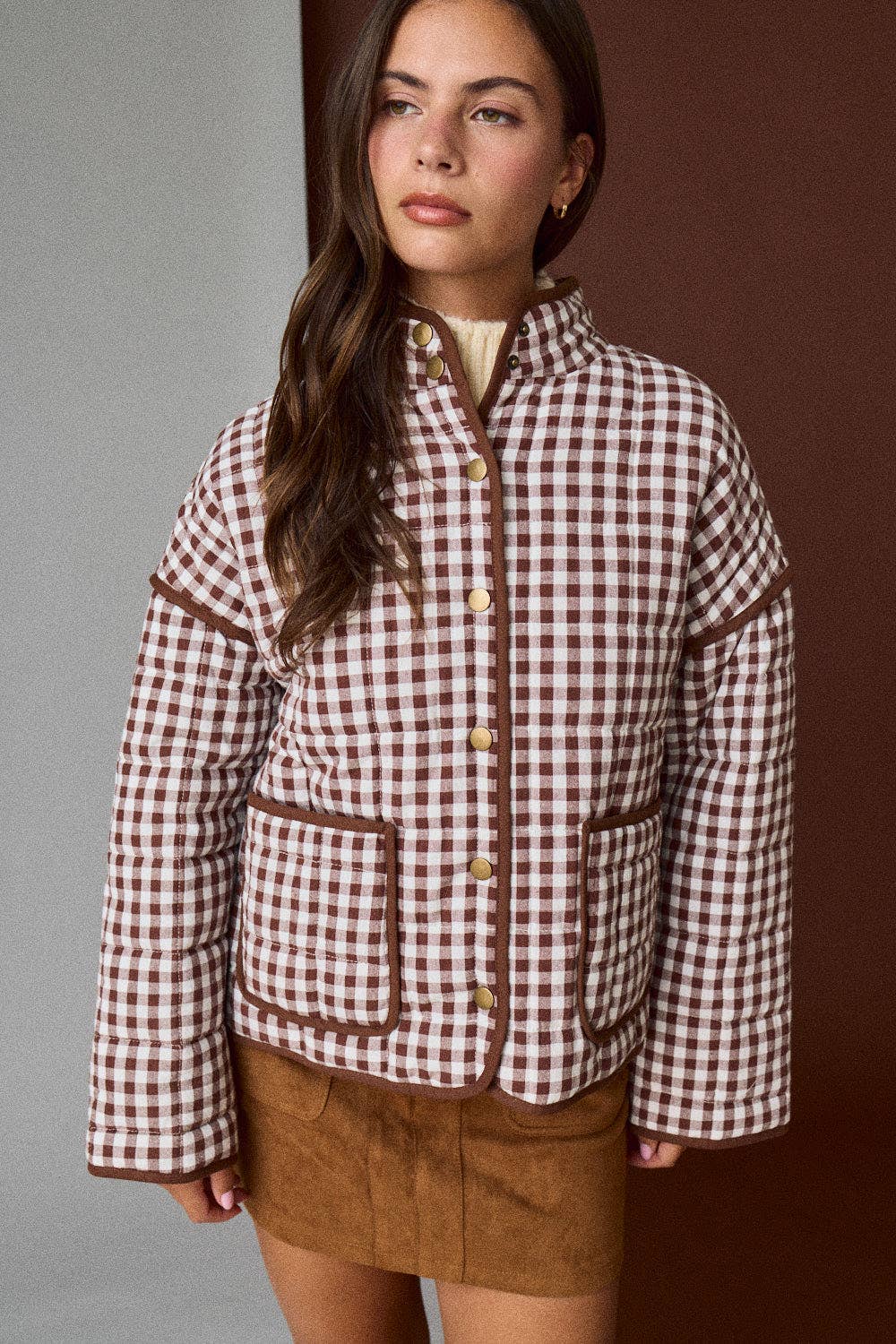 PREORDER - Gingham Quilted Jacket : BROWN