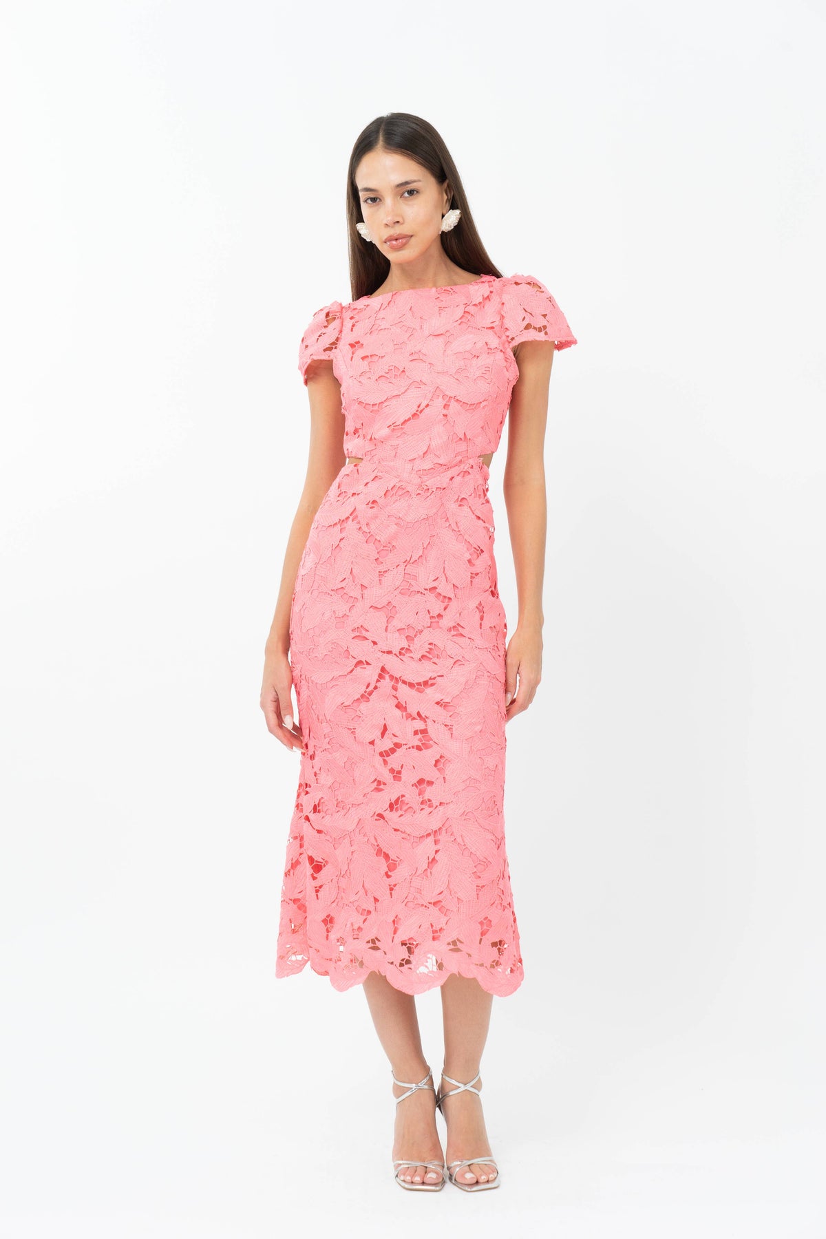Adelyn Rae: Portia 3D Lace Cap Sleeve Midi Dress: Coral