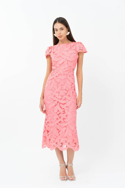 Adelyn Rae: Portia 3D Lace Cap Sleeve Midi Dress: Coral