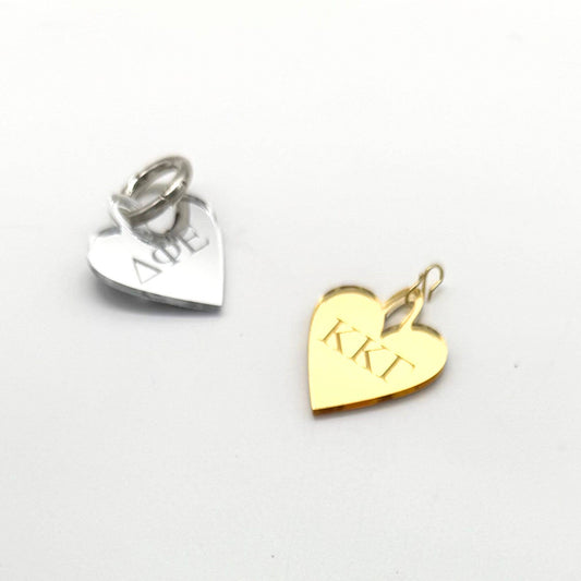 Acrylic Sorority Charm - Heart w/ Engraved Greek Letters: Mirror Gold / O Lever Ring Clasp / Kappa Delta