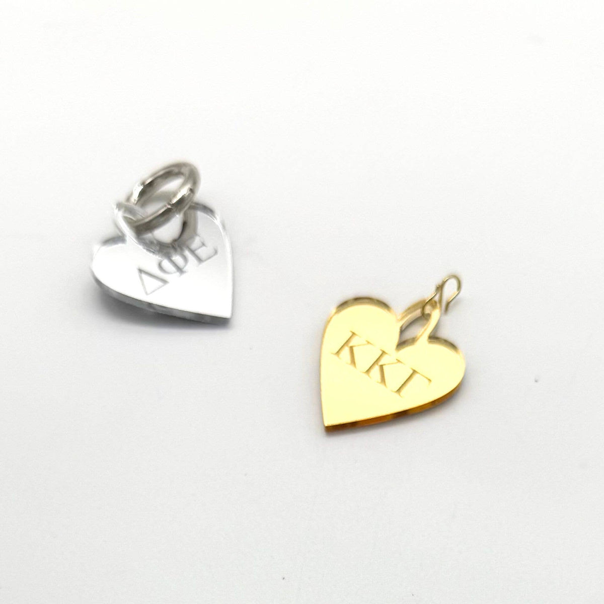 Acrylic Sorority Charm - Heart w/ Engraved Greek Letters: Mirror Gold / O Lever Ring Clasp / Chi Omega
