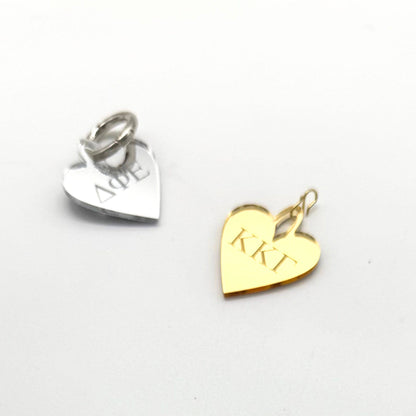Acrylic Sorority Charm - Heart w/ Engraved Greek Letters: Mirror Gold / O Lever Ring Clasp / Chi Omega
