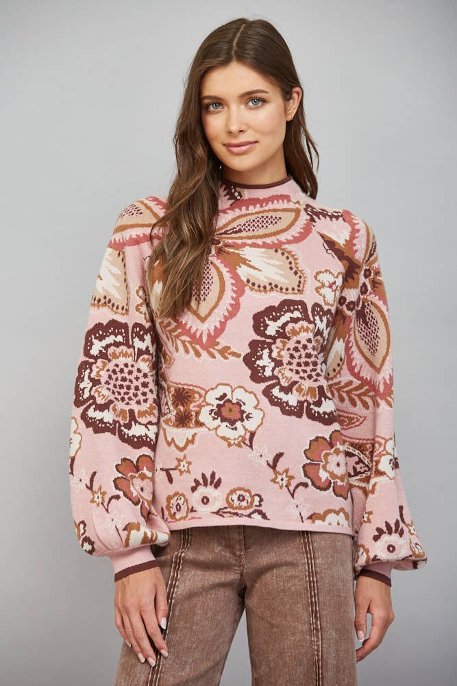 PREORDER: FATE - BOLD FLORAL & PAISLEY PATTERN FUNNEL NECKLINE SWEATER: MAUVE MULTI