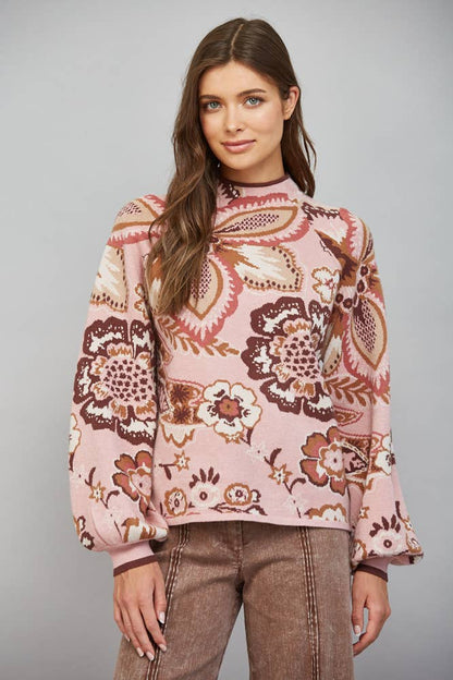 PREORDER: FATE - BOLD FLORAL & PAISLEY PATTERN FUNNEL NECKLINE SWEATER: MAUVE MULTI
