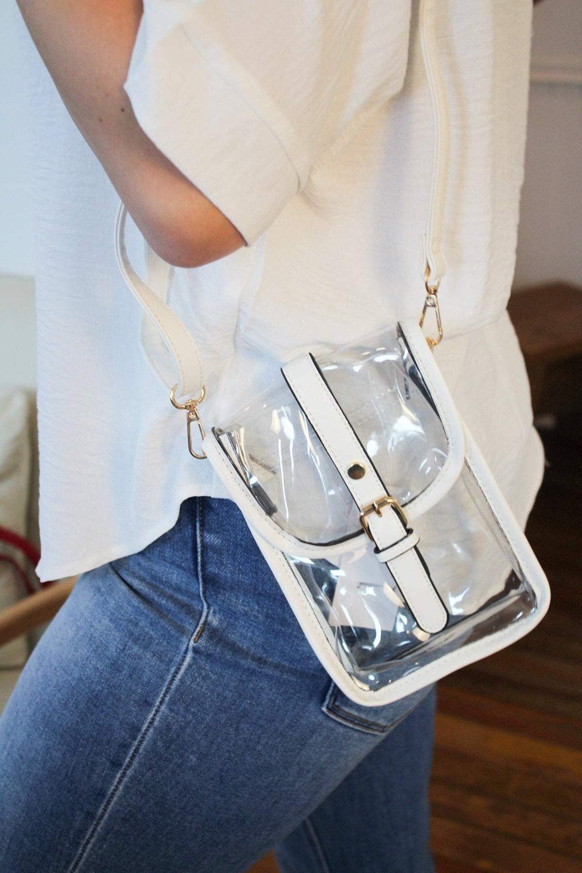 Game Day Clear Buckle Strap Mini Crossbody Bag Purse : Gold