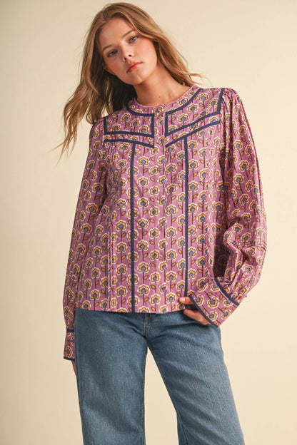 PREORDER : FLORAL BUTTON UP TOP WITH CONTRAST BINDING TRIM : ORCHID FLORAL