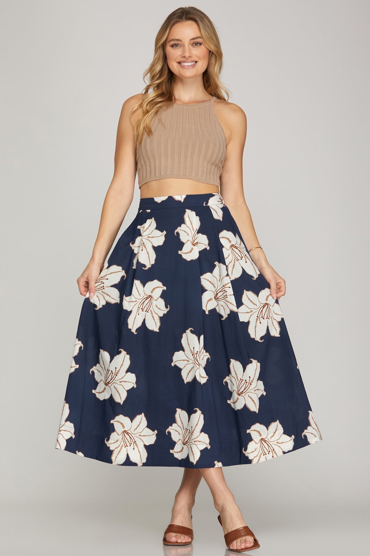 She+Sky Navy floral midi skirt