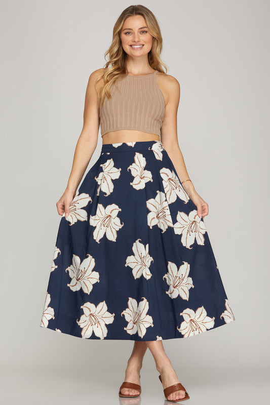 She+Sky Navy floral midi skirt