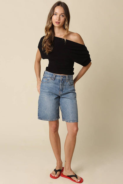 PREORDER: Olivaceous - Carina Draped One Shoulder Top: Teal Green