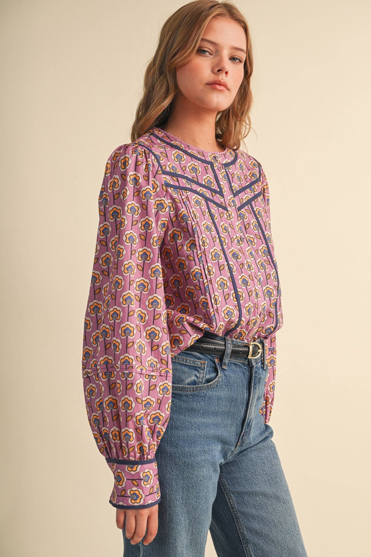 PREORDER : FLORAL BUTTON UP TOP WITH CONTRAST BINDING TRIM : ORCHID FLORAL