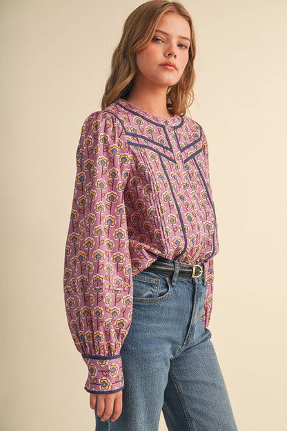 PREORDER : FLORAL BUTTON UP TOP WITH CONTRAST BINDING TRIM : ORCHID FLORAL
