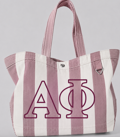 Sorority Embroidered/Stripe Canvas Tote: Phi Mu
