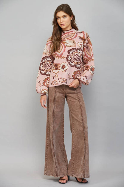 PREORDER: FATE - BOLD FLORAL & PAISLEY PATTERN FUNNEL NECKLINE SWEATER: MAUVE MULTI