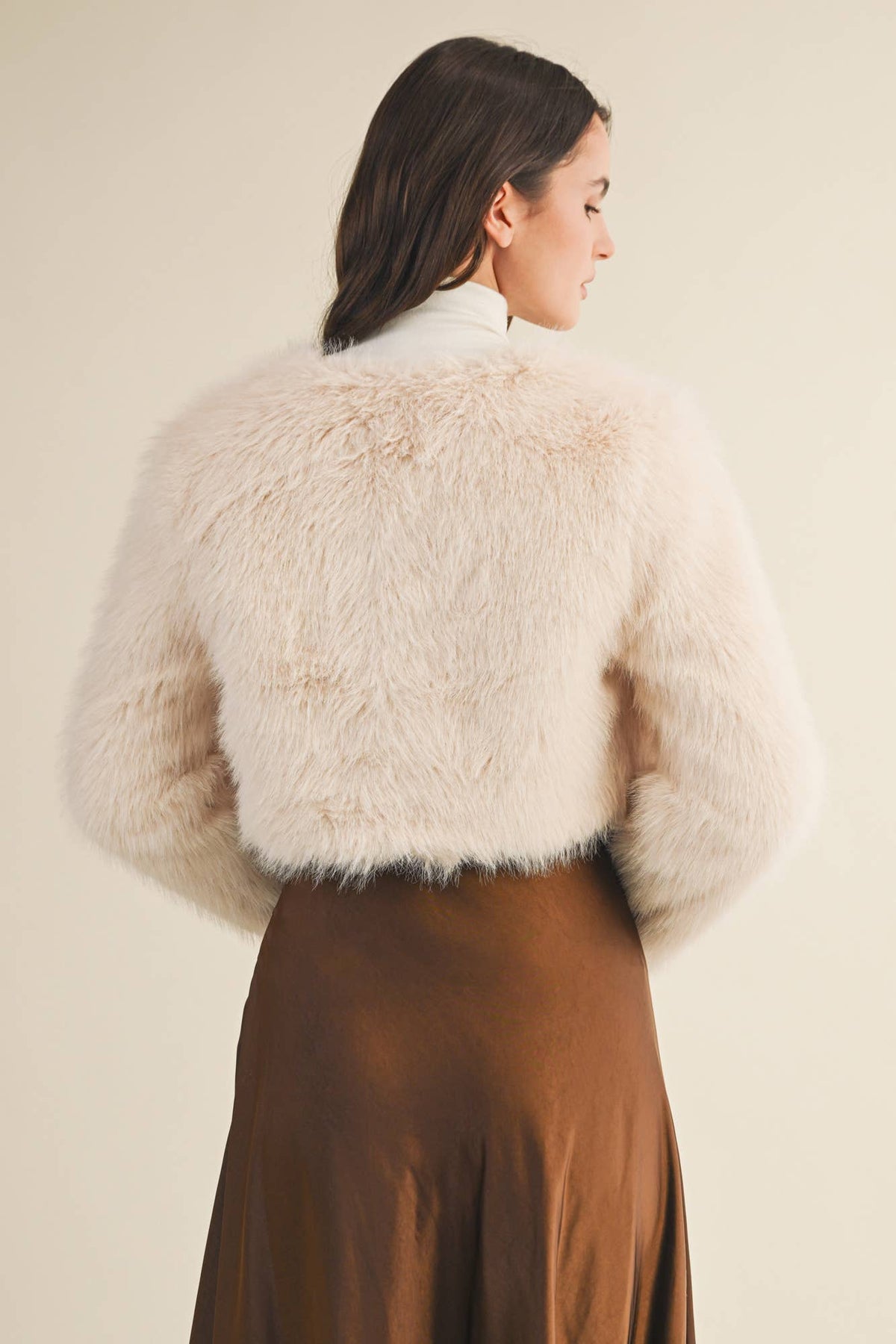 Cream CROPPED FAUX FUR JACKET