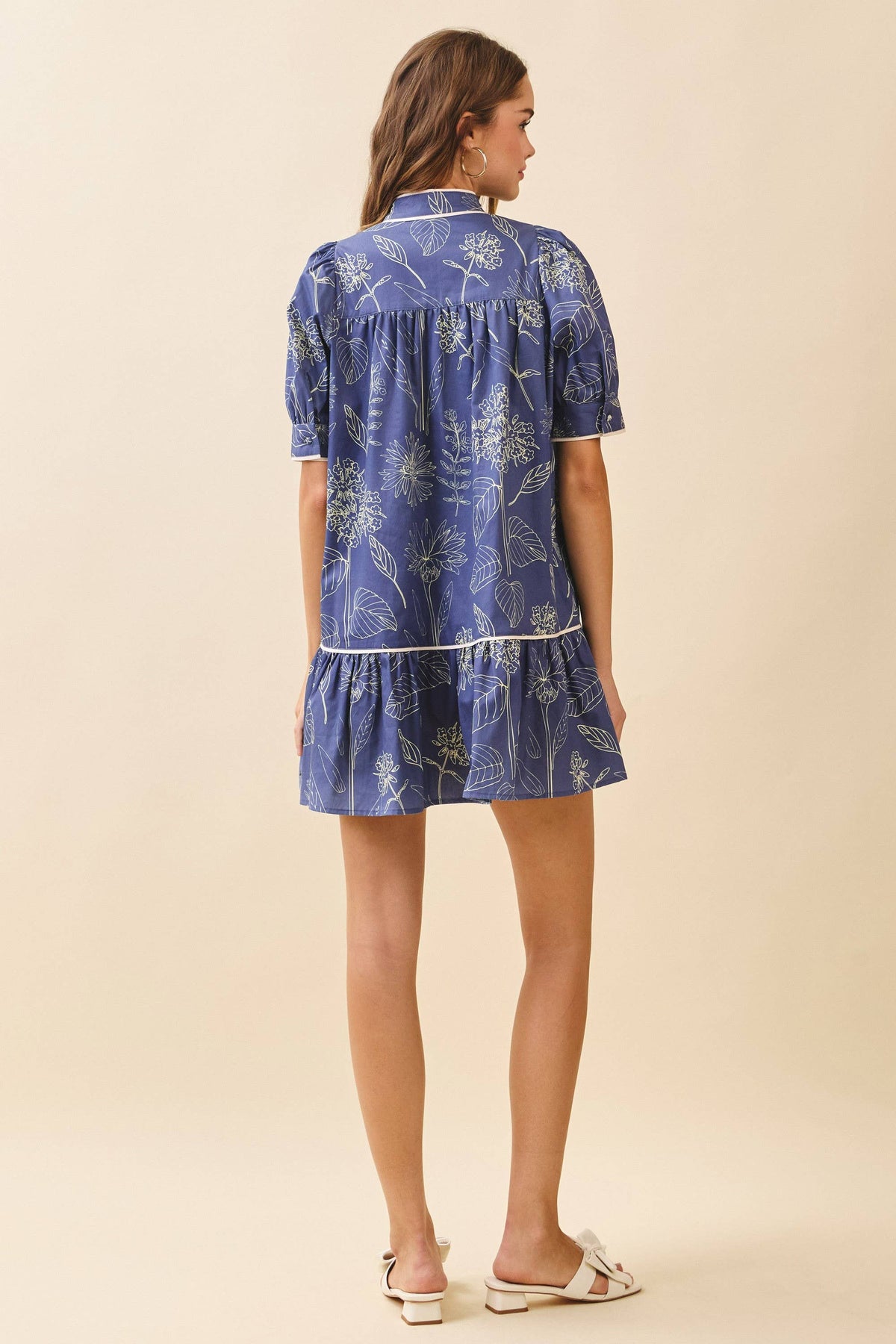 TCEC Floral Print High Band Collar Piping Trim Dress