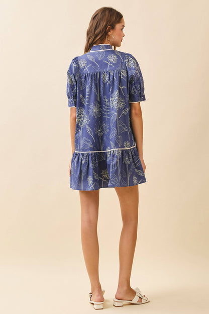 TCEC Floral Print High Band Collar Piping Trim Dress