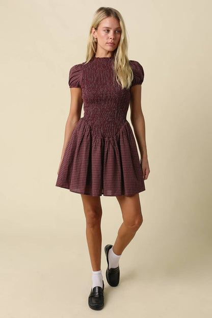 PREORDER - Hayley Smocked Gingham Mini Dress: Red