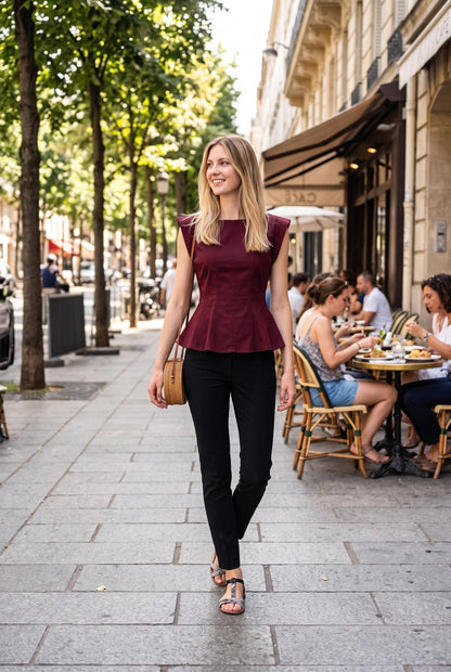 PREORDER - Stretch Cap Sleeve Peplum Top: CHOCOLATE BROWN