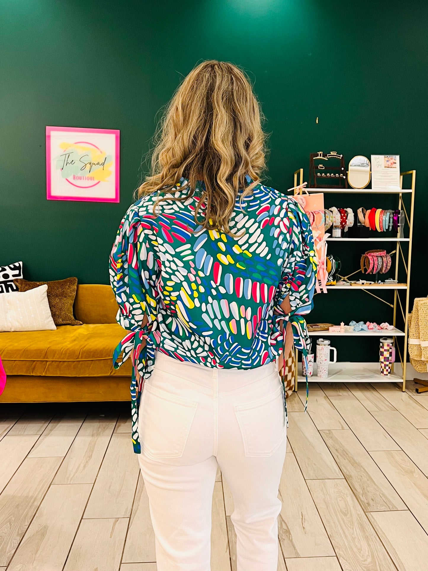 CLEARANCE: The Ashton green abstract tie sleeve blouse