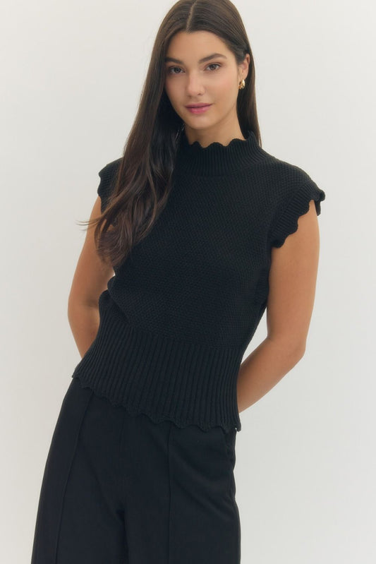 Entro - Scallop Trim Ribbed Waist Top / BLACK