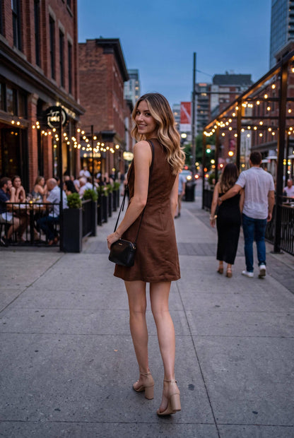 PREORDER - Linen floral cutout A-line mini dress: BROWN
