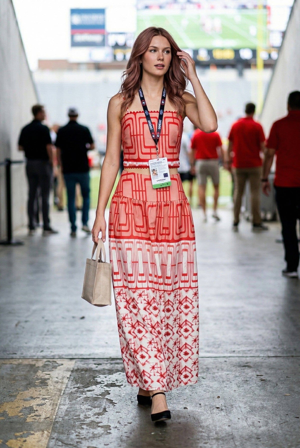 Geometric printed crop top and midi skirt set: RED COMBO