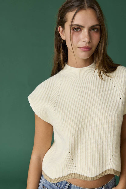 PREORDER : Taylor Scallop Hem Knitted Vest: CREAM / OATMEAL trim