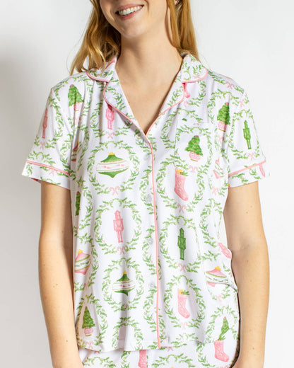 PREORDER Nutcracker Trellis Women’s Short Sleeve Button Up Sleep Shirt