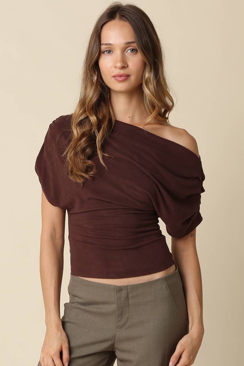 PREORDER: Olivaceous - Carina Draped One Shoulder Top: Teal Green