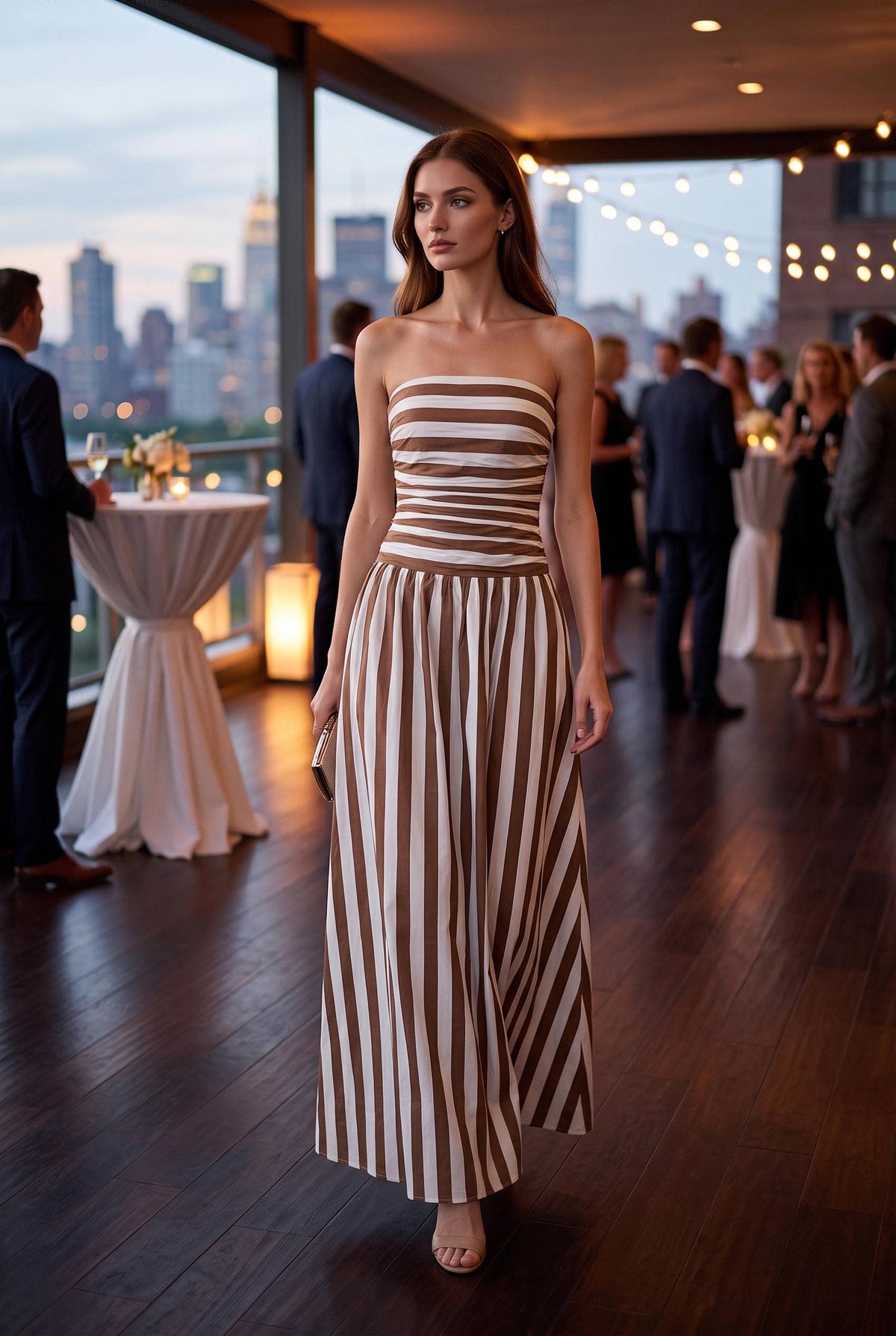 PREORDER - Stripe ruched strapless maxi dress: WHITE/MOCHA