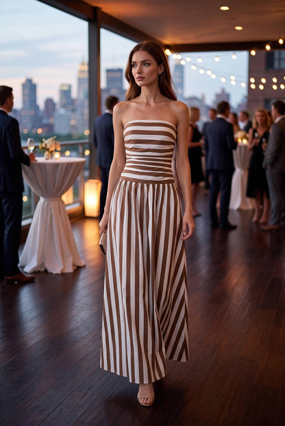 PREORDER - Stripe ruched strapless maxi dress: WHITE/MOCHA
