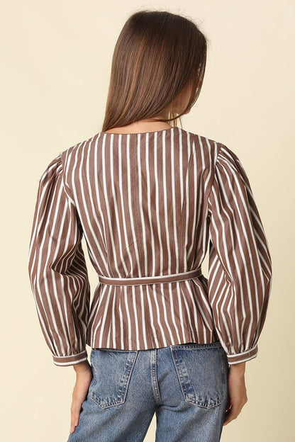 PREORDER:  Mabel Striped Belted Peplum Blouse: BROWN STRIPE