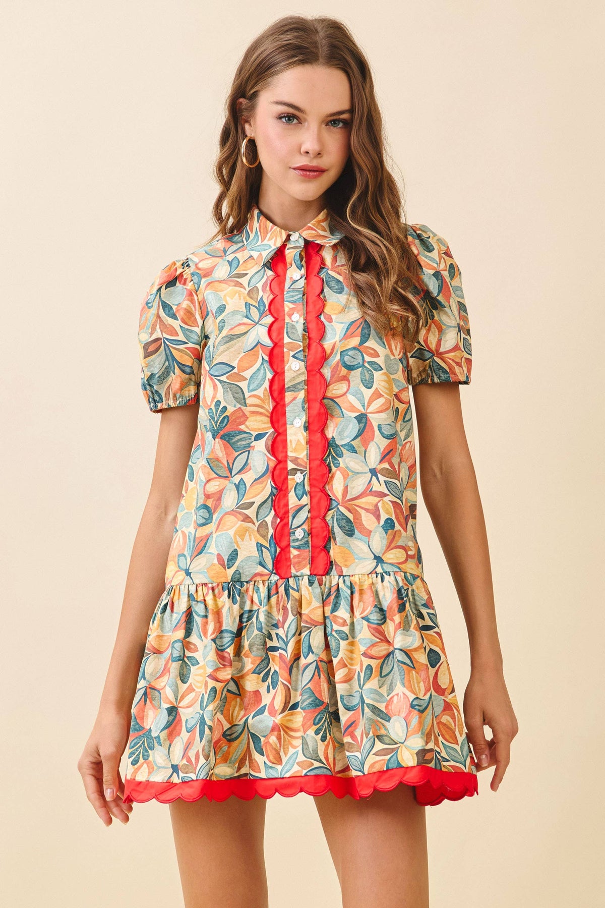 TCEC Floral Print Collared Neck Scallop Detail Dress