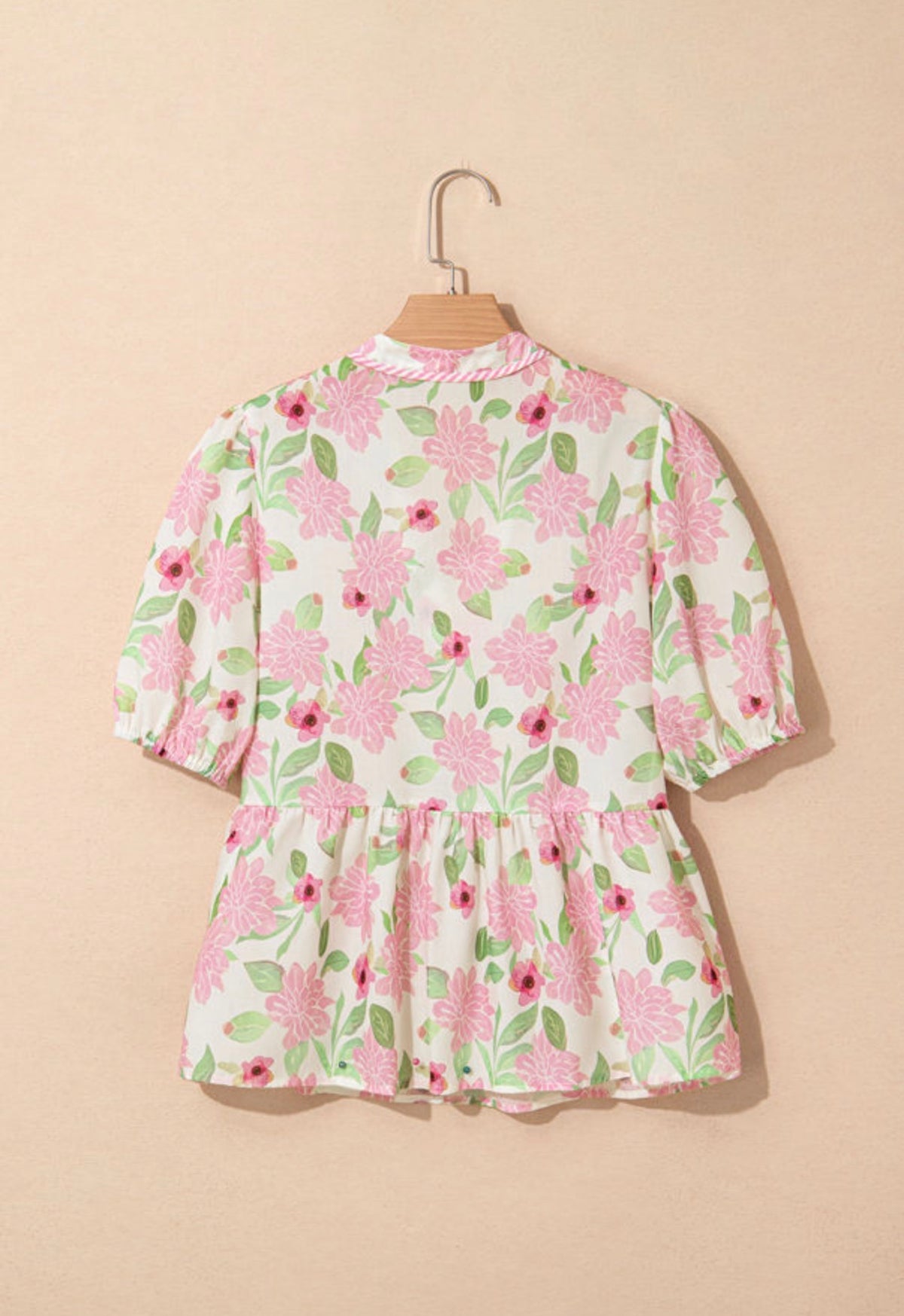 Pink and green floral blouse with pinstripe trim