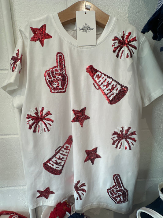 Red and white beaded gameday shirt
