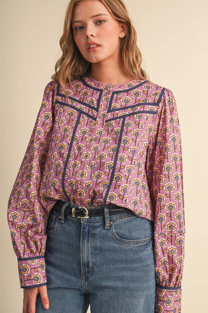 PREORDER : FLORAL BUTTON UP TOP WITH CONTRAST BINDING TRIM : ORCHID FLORAL