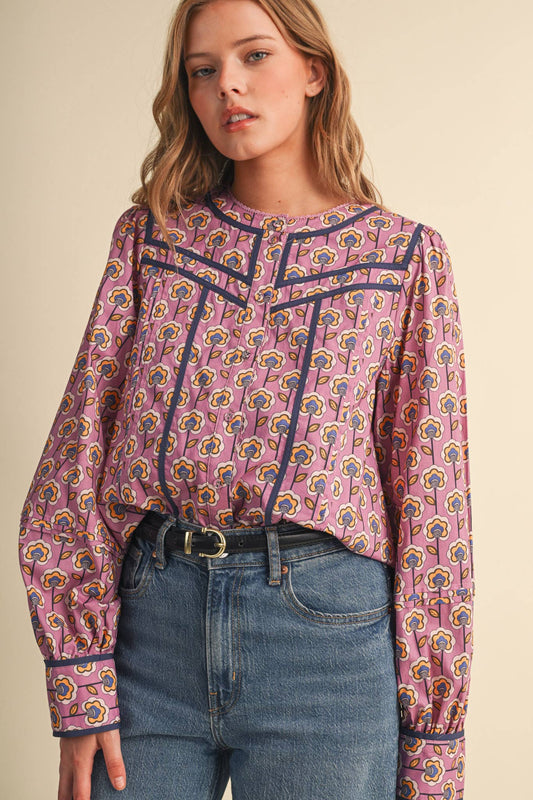 PREORDER : FLORAL BUTTON UP TOP WITH CONTRAST BINDING TRIM : ORCHID FLORAL