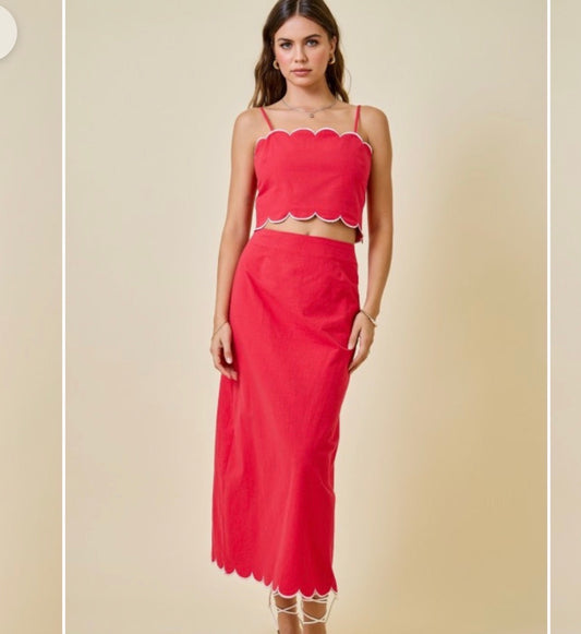 Red skirt set : scalloped bodice