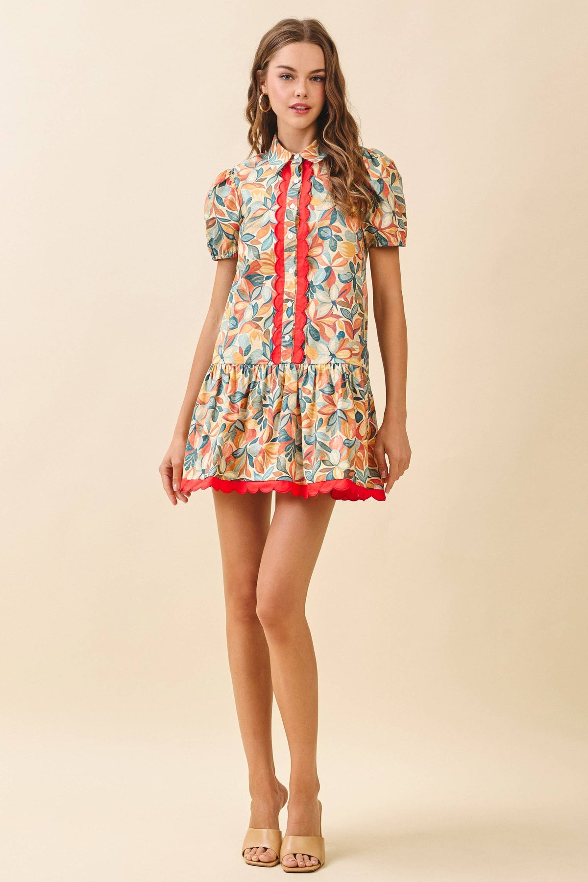 TCEC Floral Print Collared Neck Scallop Detail Dress