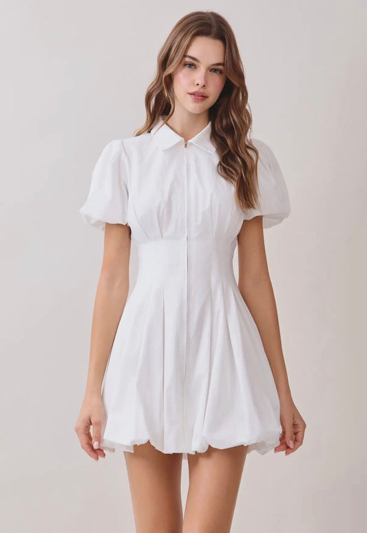 TCEC - Fit and Flare zipper front Bubble hem mini dress - WHITE